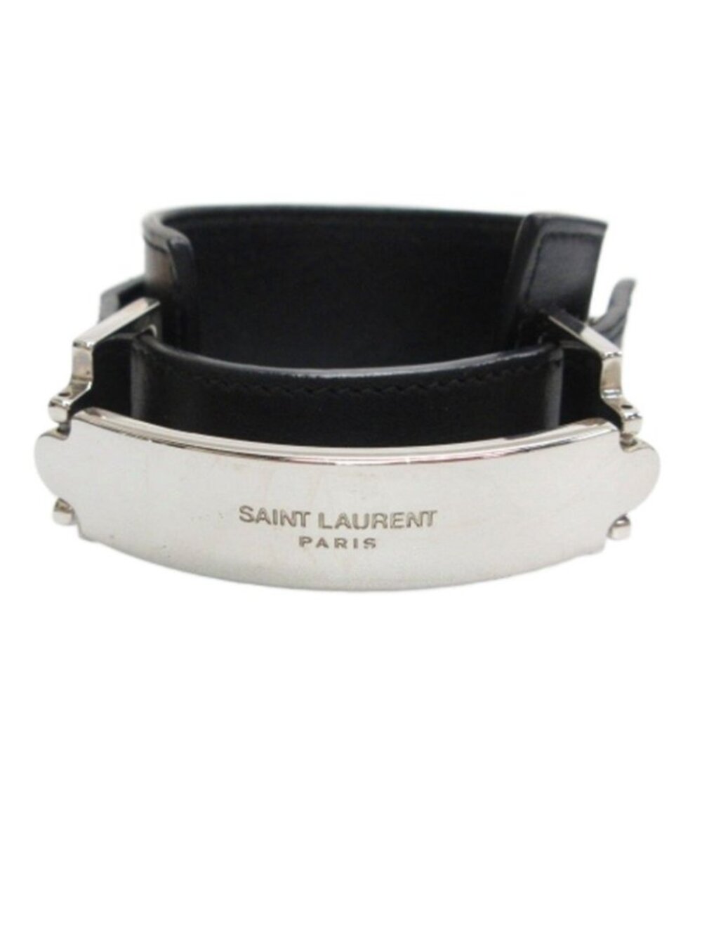 Saint Laurent Paris Logo Leather Bangle Silver Colored Black Bracelet